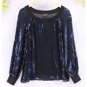 St John Couture Women's Shell Top Blue Silk Embellishment Long Sleeve Sz M